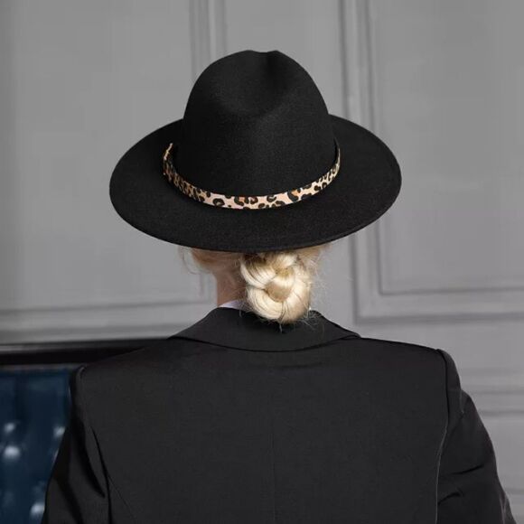 Black Fedora Hat with Animal Print base - Picture 2 of 7